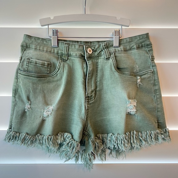 Love Jeans Pants - Frayed Hem Olive Denim Shorts